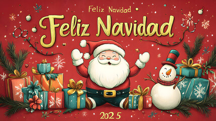 Anuncio ilustracion de feliz navidad 2025, fondo rojo con regalos, muneco de nieve y un Santa Claus.
