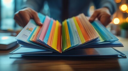 Fingers flipping open a professional folder filled with colorful charts and reports, crisp paper slightly angled, soft shadows cast by warm desk lighting, a modern office setting in the background.