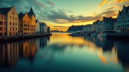 Sunset Over Colorful Buildings by the Water