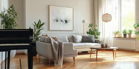 Fototapeta premium A cozy living room with a gray sofa, plants, and warm sunlight.