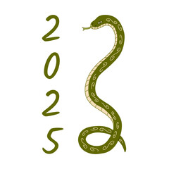 Naklejka premium Green earth snake cobra on white background. Colorful stylized vector isolated illustration hand drawn. Symbol of the new 2025 year. Wood texture. Snake year