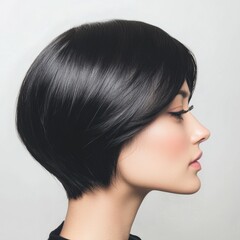 Naklejka premium Profile view of a woman with sleek, short black hair against a light background.