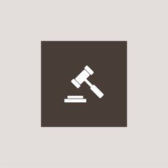 Gray flat button with shadow. Auction hammer icon.