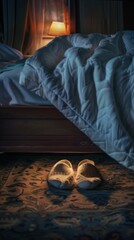 Pair of slippers under the bed, 4K hyperrealistic photo