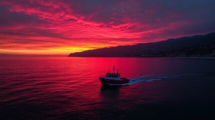 Naklejka premium A small boat sailing on the ocean at sunset with a fiery red sky and a coastline in the distance.