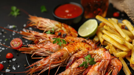Delicious grilled shrimp served with crispy fries, fresh lime, and tangy sauce, creating mouthwatering seafood feast perfect for sharing
