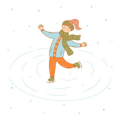 Happy girl skating on ice. Snowing. Colorful vector isolated illustration hand drawn doodle. Winter fun activity. Holiday card, postcard