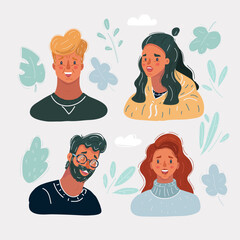 Cartoon vector illustration different people faces on white background. Chatting, video call, and avatar of man and woman on white.