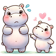 Naklejka premium Cute cartoon hippos showing emotions and affection, perfect for children's illustrations and playful designs.