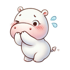Fototapeta premium Cute cartoon hippo character expressing shyness with a blush. Perfect for children's illustrations or playful designs.