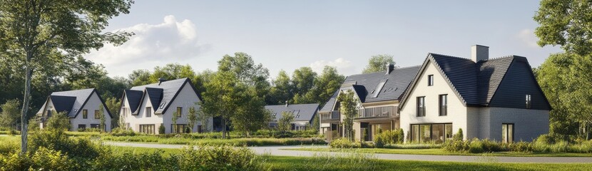 Obraz premium Charming row of modern homes nestled in lush greenery under a clear sky.
