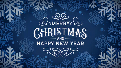 A festive winter scene with a deep blue background adorned with intricate snowflake patterns. At the center, there's a decorative textual element that reads 'MERRY CHRISTMAS' 
