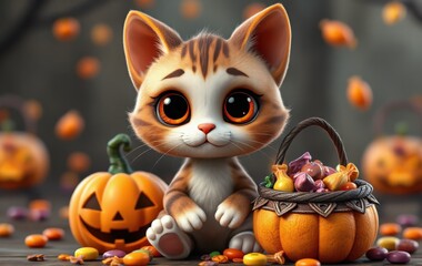 Smiling Halloween Cat Holding Candy in a Pumpkin Pail