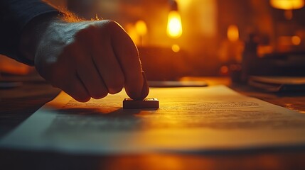 Fingers pressing a rubber stamp onto an official document, the paper slightly crinkling under pressure, warm office lighting illuminating the scene, capturing the detail of the stamp and document.
