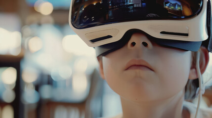 Immersed in virtual world, child experiences excitement of technology through VR headset. focus and wonder on their face highlight captivating nature of modern gaming