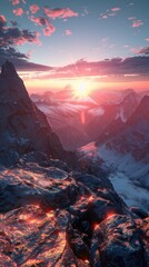 Obraz premium Magnificent mountainous vista adorned with the gentle colors of sunrise, 4K hyperrealistic photo