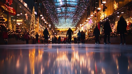 Obraz premium A lively indoor skating rink is filled with skaters enjoying the winter season. The space is adorned with colorful holiday lights and decorated trees, reflecting a cheerful festive atmosphere.