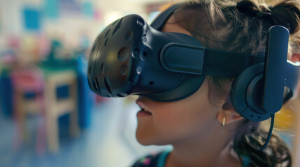 young girl is immersed in virtual reality experience, wearing VR headset and headphones. colorful background suggests playful environment, enhancing her sense of adventure and curiosity