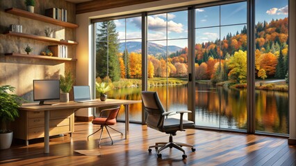 Home office setup with a cozy fireplace, enhancing the professional virtual room atmosphere.