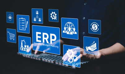 ERP Concept. Enterprise resource planning software system, corporate company management business...