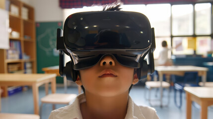 Immersed in virtual world, young boy experiences excitement of technology in classroom setting. His curiosity and wonder are evident as he explores new dimensions