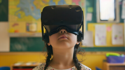 Immersed in virtual world, girl experiences wonders of technology through VR headset in classroom setting. Her focused expression reflects curiosity and excitement