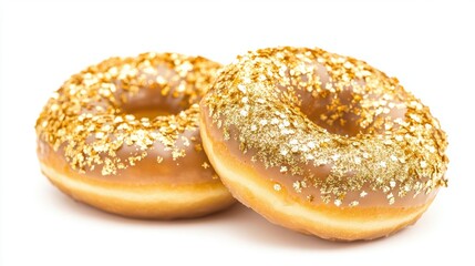 Festive donuts with gold sprinkles and sparkly frosting, perfect for New Year celebrations, isolated on white background