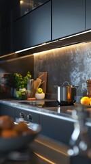 Modern kitchen with stainless steel appliances, 4K hyperrealistic photo