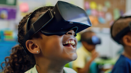 child joyfully experiences virtual reality in classroom setting, showcasing excitement of learning through technology. immersive environment enhances engagement and creativity