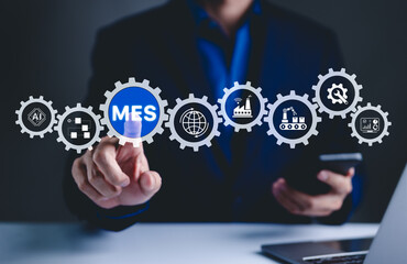 MES - Manufacturing Execution System Concept. AI Integration, A person touch MES icon with symbols to manufacturing, automation, industrial processes, technology in production management, AI powered,