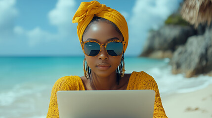 Stylish Black Woman In Sunglasses With Laptop Digital Nomad Remote Work on a Tropical Beach