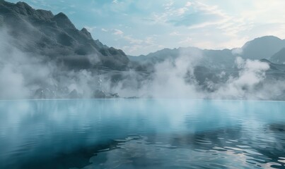 Obraz premium Hot springs with steam rising against a volcanic backdrop, 4K hyperrealistic photo