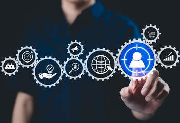 Digital marketing strategy and customer targeting concept. A person interacts with interface...