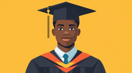 Flat design of a graduate student in a cap and gown, front view, pastel-colored, symbolizing higher education and academic achievement in a modern cartoon style
