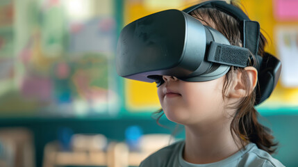 child wearing virtual reality headset experiences immersive technology in classroom setting. excitement and curiosity are evident as they explore new digital worlds