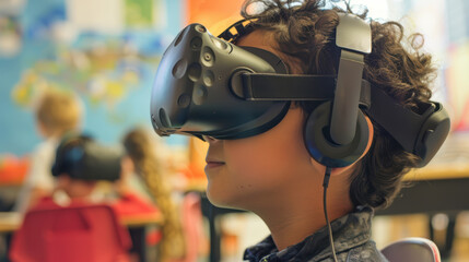 Immersed in virtual world, young boy experiences excitement of virtual reality in classroom setting. His curly hair and focused expression highlight engaging nature of modern technology