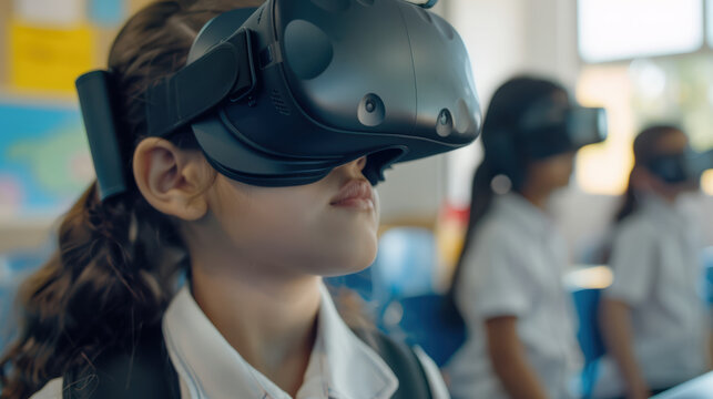 Immersed in virtual world, girl wearing VR headset experiences technology in classroom setting. excitement of learning through innovation is palpable