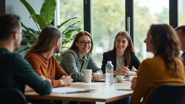Diverse Conference Participants Discuss Corporate Sustainability: Ideal for Business Events, Seminars, and ESG Initiatives