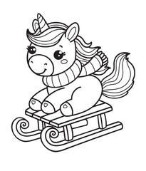 Unicorn rides on a sleigh. Merry Christmas unicorn coloring. Hand drawn vector illustration. Magical animal. Coloring book pages for adults and kids. Winter. Snow is falling.
