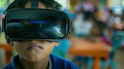 Immersed in virtual world, young boy experiences excitement of technology through VR headset. His focused expression reflects curiosity and wonder in vibrant classroom setting