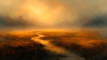 Obraz premium A Serene and Mysterious Scene of a Slow Muddy River Flowing Through a Dusty Desert Landscape