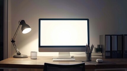 Fototapeta premium Blank screen computer, lamp and table folder over white background