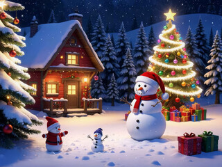 Obraz premium A cheerful snowman family celebrates Christmas in front of a cozy cabin on a starry winter night 