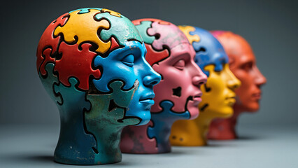 Intriguing puzzle head sculptures symbolize complexity of human thought: Perfect for psychology or education visuals