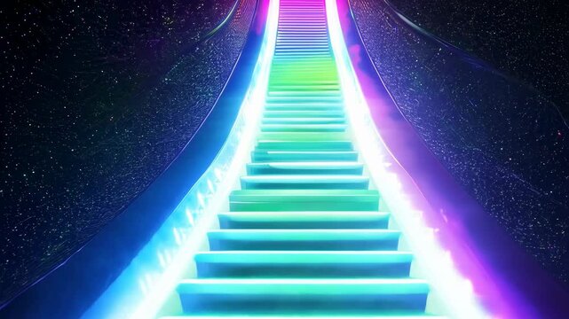 Glowing moving staircase, escalator. An abstract, glowing staircase going upward into infinity, vibrant colors. Abstract texture, pattern.