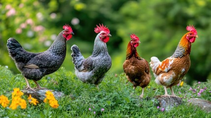 A chicken family featuring a rooster, hen, and chicks on a farm surrounded by green fields,generative ai