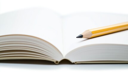 Close-up of a blank notebook with a yellow pencil resting on its pages.