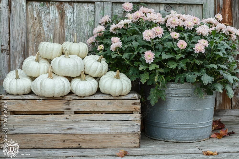 Poster white pumpkins are stacked in a wooden crate next to a vibrant pot of pink chrysanthemums, creating 