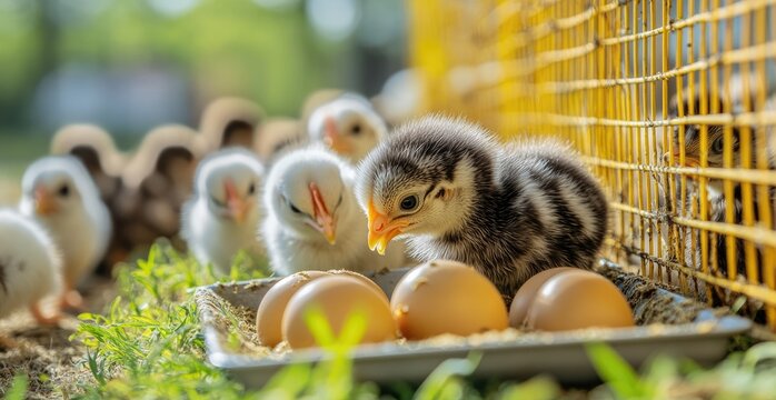 baby chicks pecking at the edge of their feeding tray for food. The background is a group or flock of fluffy white and black chicks in an outdoor henhouse ,generative ai