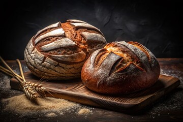 Rustic Dark Rye Bread on Black Background - Freshly Baked Sourdough with Copy Space for Culinary Photography